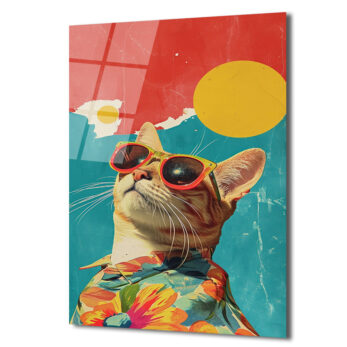 Güneş Gözlüklü Havalı Kedi: Retro Pop Art Cam Tablo - Glazella