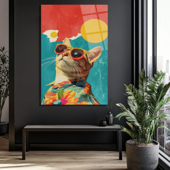 Güneş Gözlüklü Havalı Kedi: Retro Pop Art Cam Tablo - Glazella