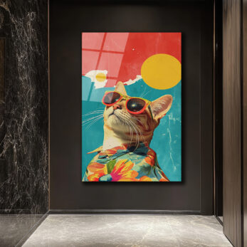 Güneş Gözlüklü Havalı Kedi: Retro Pop Art Cam Tablo - Glazella