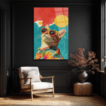 Güneş Gözlüklü Havalı Kedi: Retro Pop Art Cam Tablo - Glazella