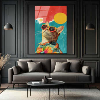 Güneş Gözlüklü Havalı Kedi: Retro Pop Art Cam Tablo - Glazella