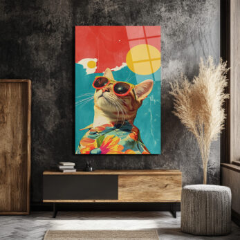 Güneş Gözlüklü Havalı Kedi: Retro Pop Art Cam Tablo - Glazella