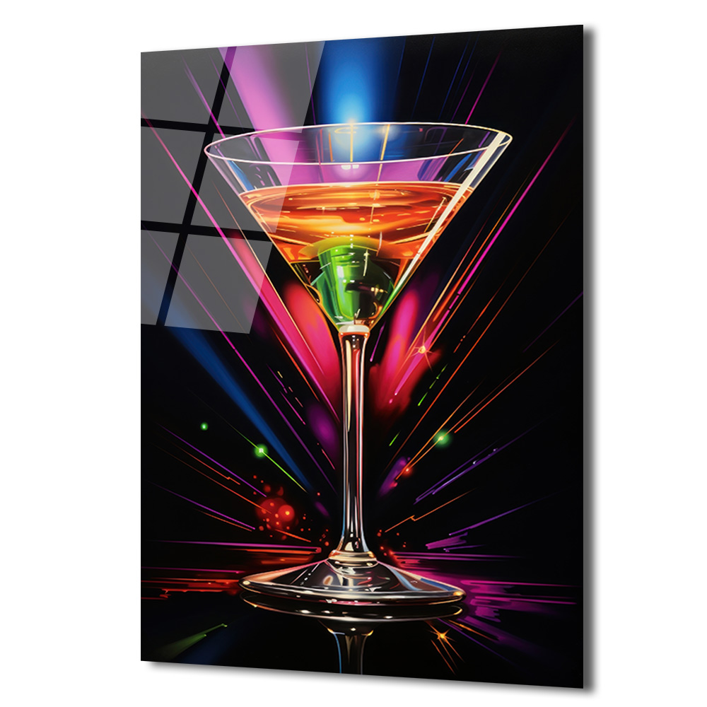 Neon Işıltılı Martini Kadehi Cam Tablo - Modern Bar Dekorasyonu - Glazella Neon Işıltılı Martini Kadehi Cam Tablo - Modern Bar Dekorasyonu - Glazella