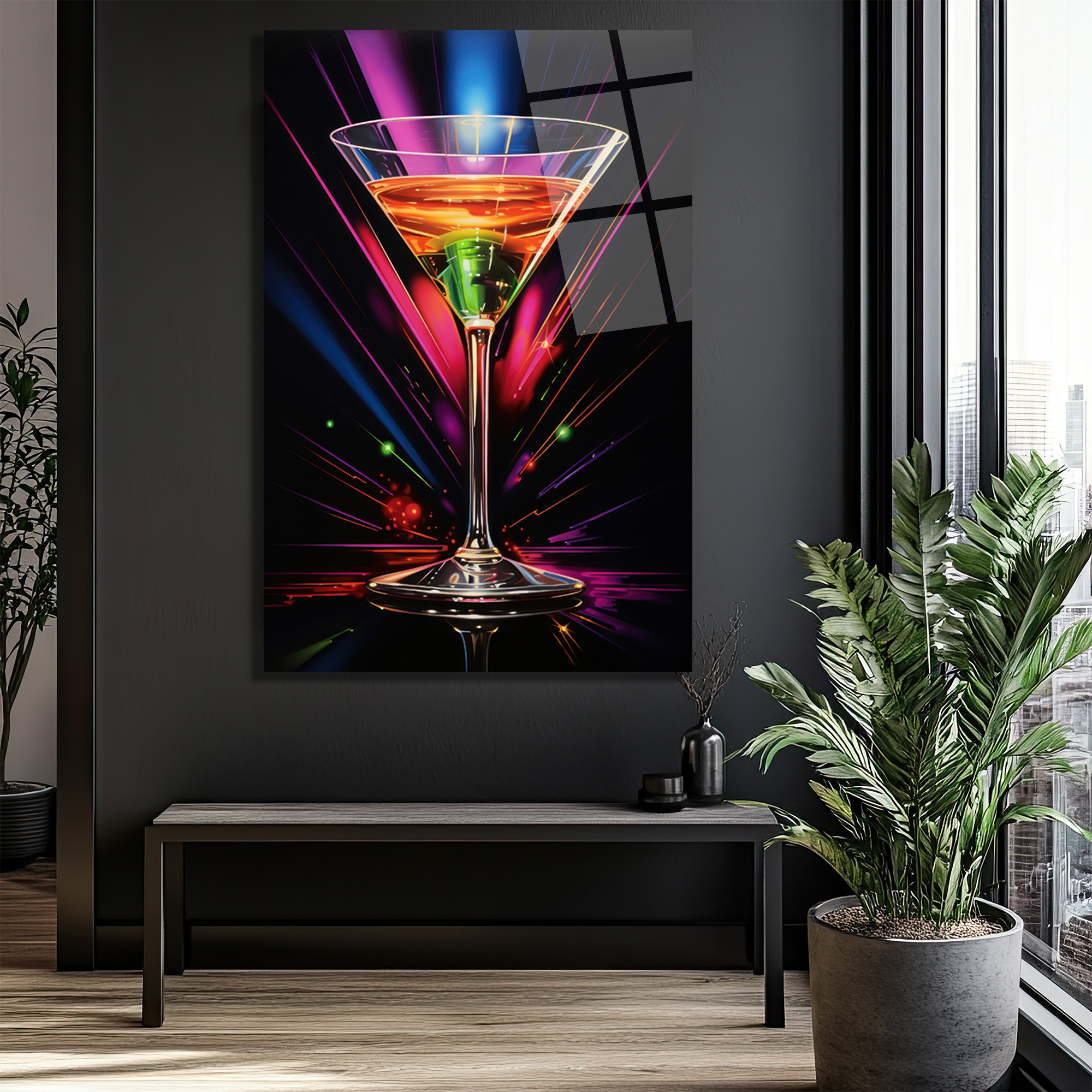 Neon Işıltılı Martini Kadehi Cam Tablo - Modern Bar Dekorasyonu - Glazella Neon Işıltılı Martini Kadehi Cam Tablo - Modern Bar Dekorasyonu - Glazella