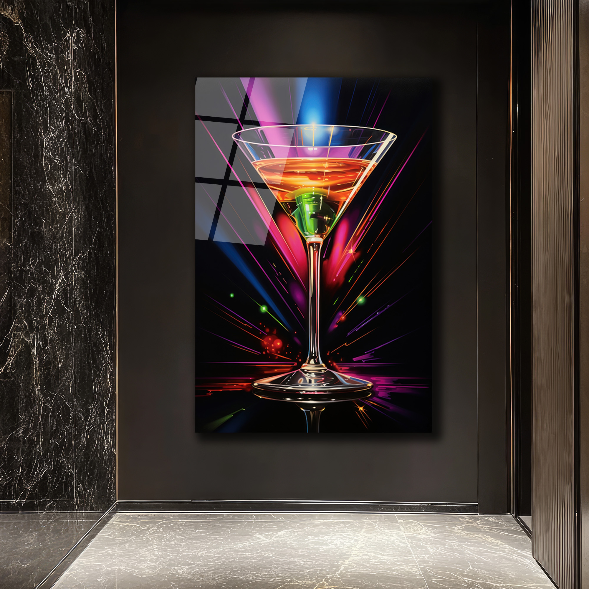 Neon Işıltılı Martini Kadehi Cam Tablo - Modern Bar Dekorasyonu - Glazella Neon Işıltılı Martini Kadehi Cam Tablo - Modern Bar Dekorasyonu - Glazella
