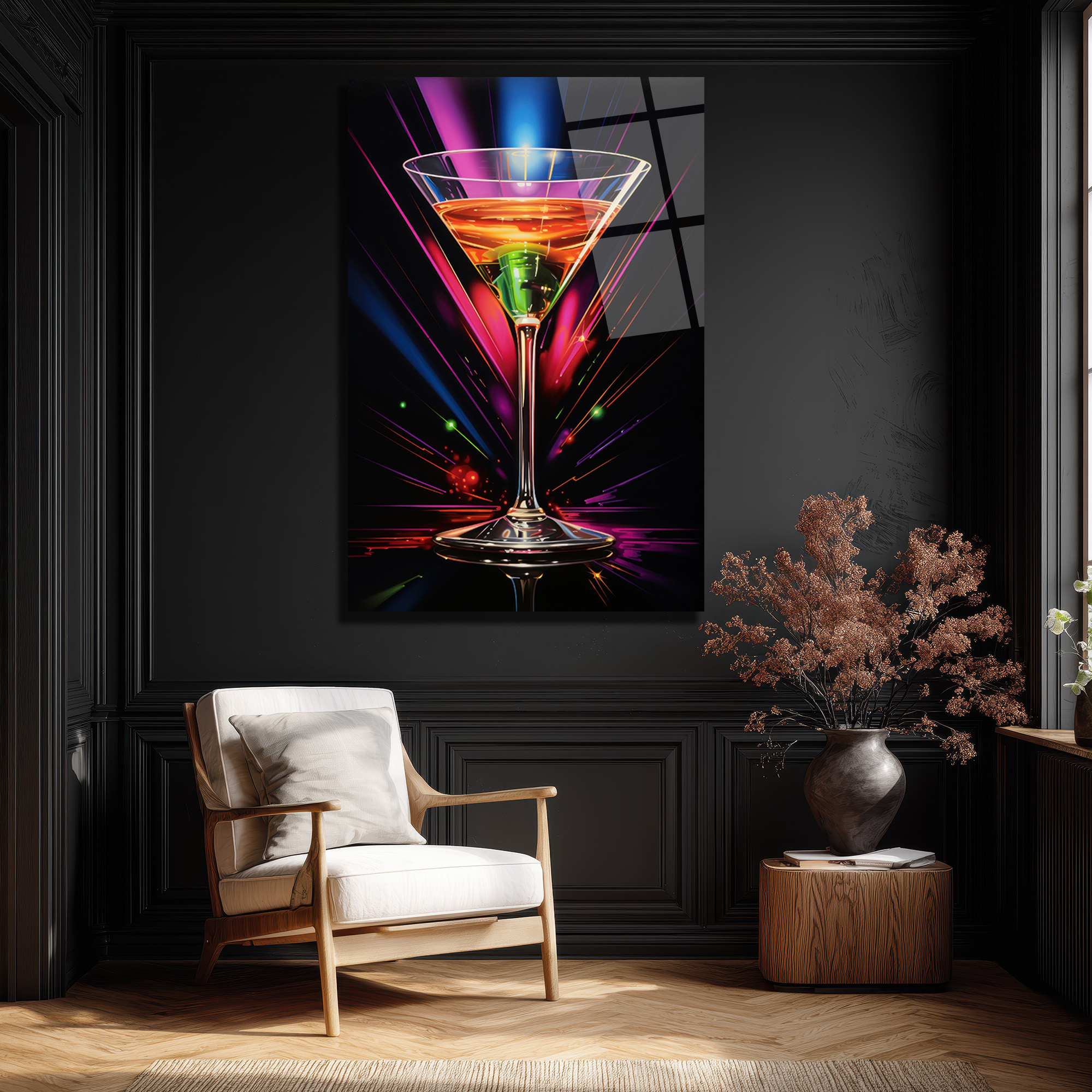 Neon Işıltılı Martini Kadehi Cam Tablo - Modern Bar Dekorasyonu - Glazella Neon Işıltılı Martini Kadehi Cam Tablo - Modern Bar Dekorasyonu - Glazella