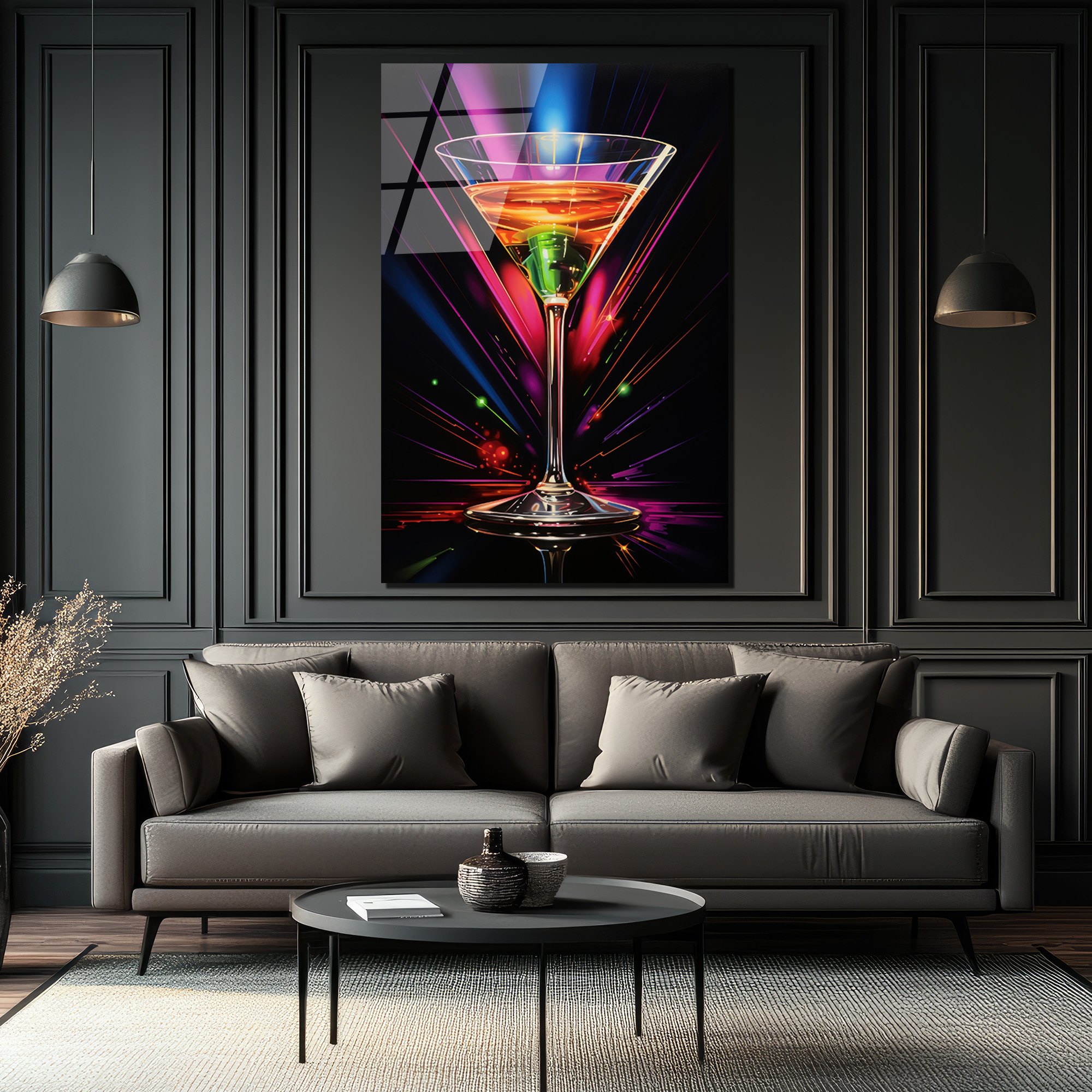 Neon Işıltılı Martini Kadehi Cam Tablo - Modern Bar Dekorasyonu - Glazella Neon Işıltılı Martini Kadehi Cam Tablo - Modern Bar Dekorasyonu - Glazella