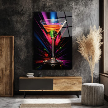 Neon Işıltılı Martini Kadehi Cam Tablo - Modern Bar Dekorasyonu - Glazella Neon Işıltılı Martini Kadehi Cam Tablo - Modern Bar Dekorasyonu - Glazella