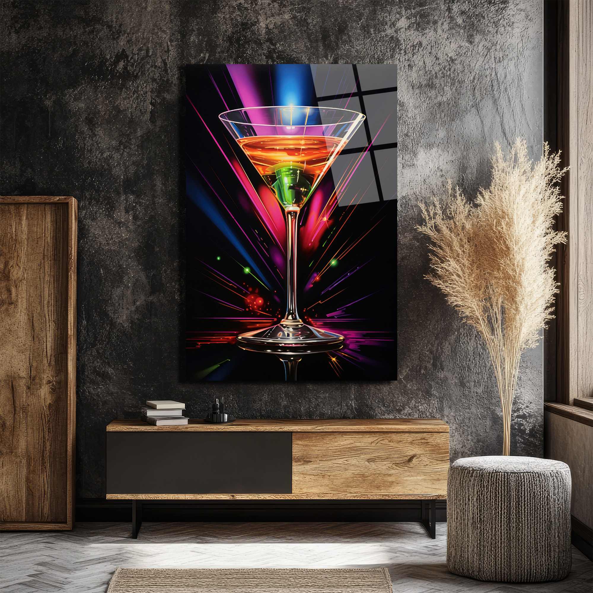 Neon Işıltılı Martini Kadehi Cam Tablo - Modern Bar Dekorasyonu - Glazella Neon Işıltılı Martini Kadehi Cam Tablo - Modern Bar Dekorasyonu - Glazella