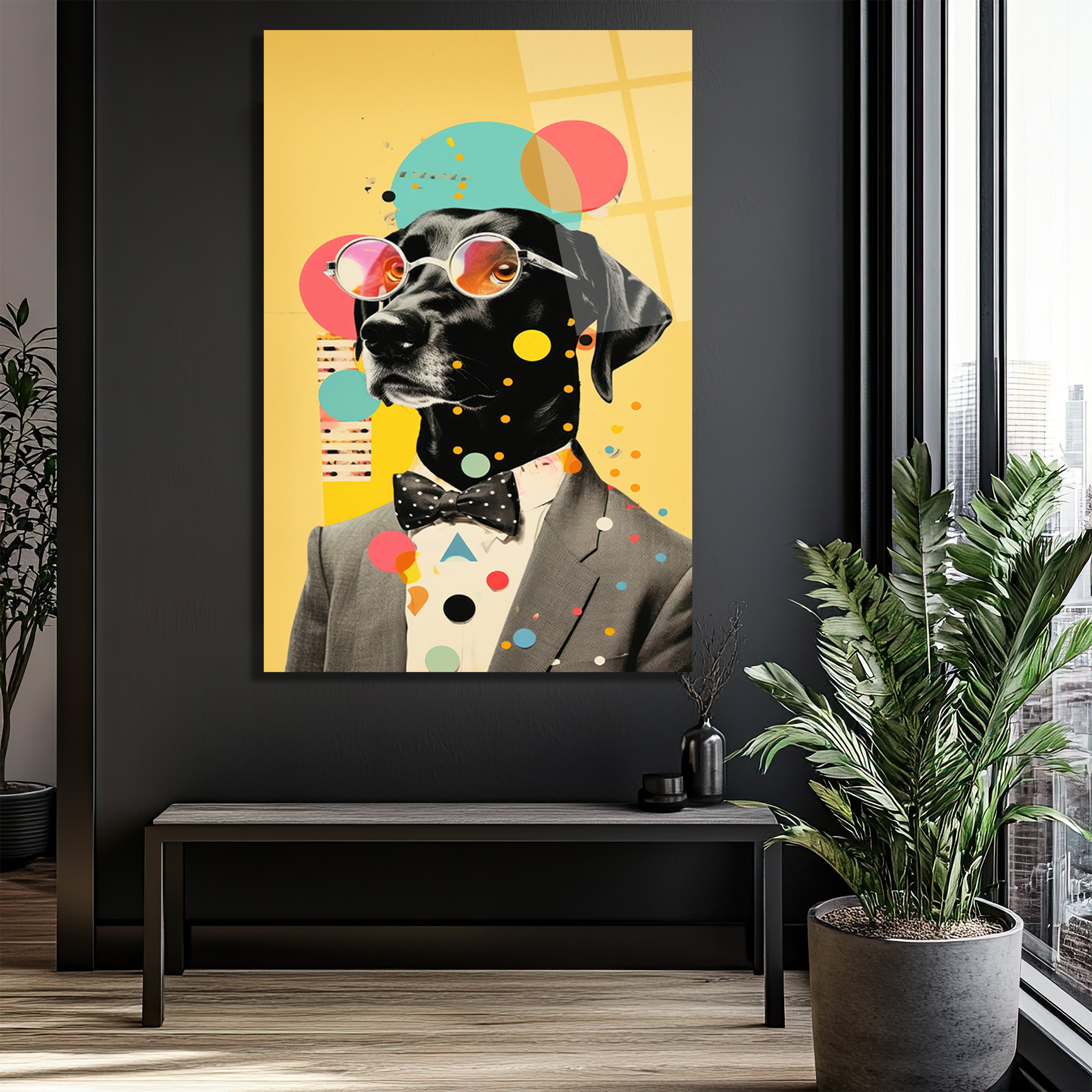Kibar Köpek Pop Art Cam Tablo | Modern ve Eğlenceli Duvar Dekorasyonu - Glazella Kibar Köpek Pop Art Cam Tablo | Modern ve Eğlenceli Duvar Dekorasyonu - Glazella