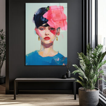 Büyüleyici Pembe Çiçekli Modern Kadın Portresi Cam Tablo - Glazella Büyüleyici Pembe Çiçekli Modern Kadın Portresi Cam Tablo - Glazella