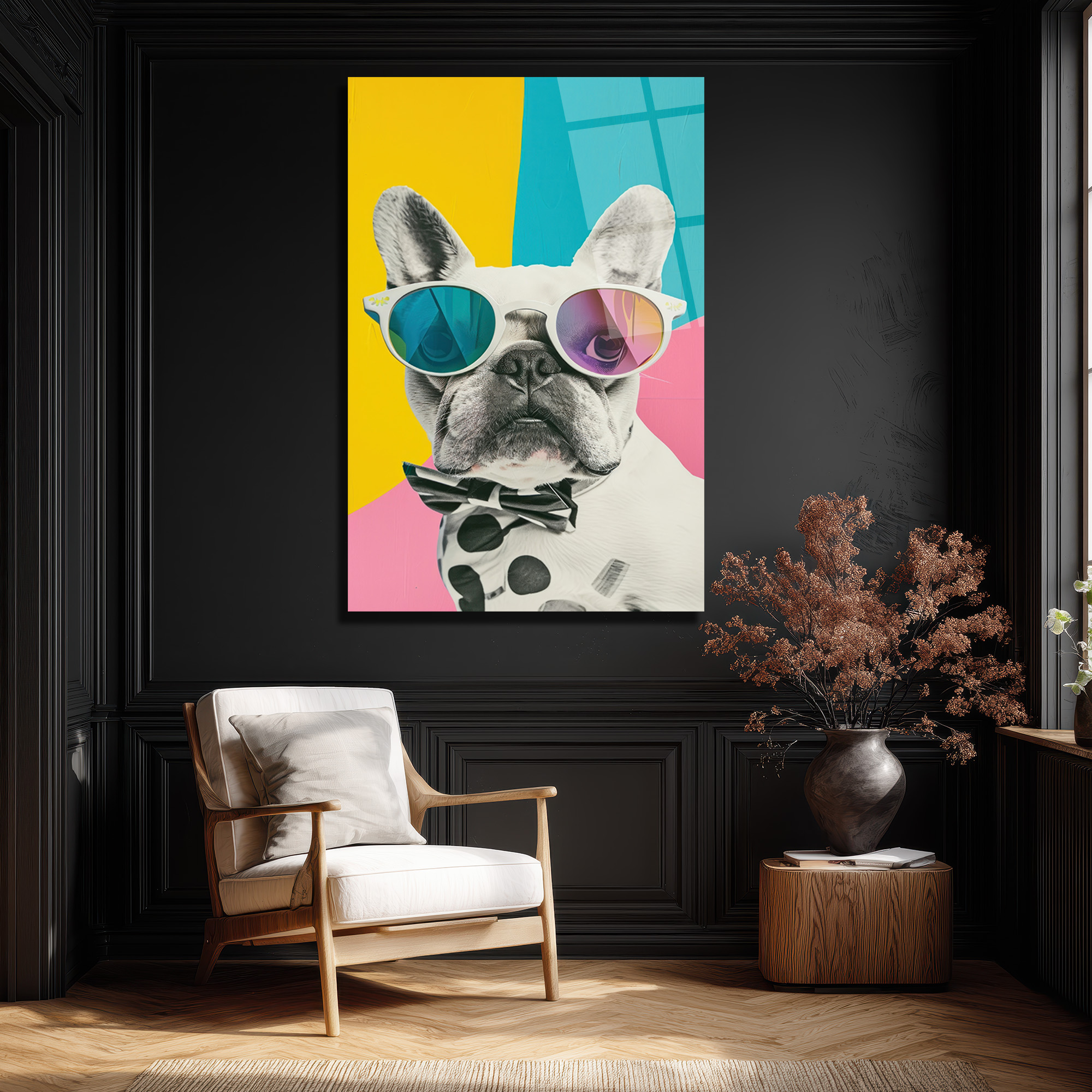 Havalı Fransız Bulldog Cam Tablo - Modern Sanat Duvar Dekoru - Glazella Havalı Fransız Bulldog Cam Tablo - Modern Sanat Duvar Dekoru - Glazella