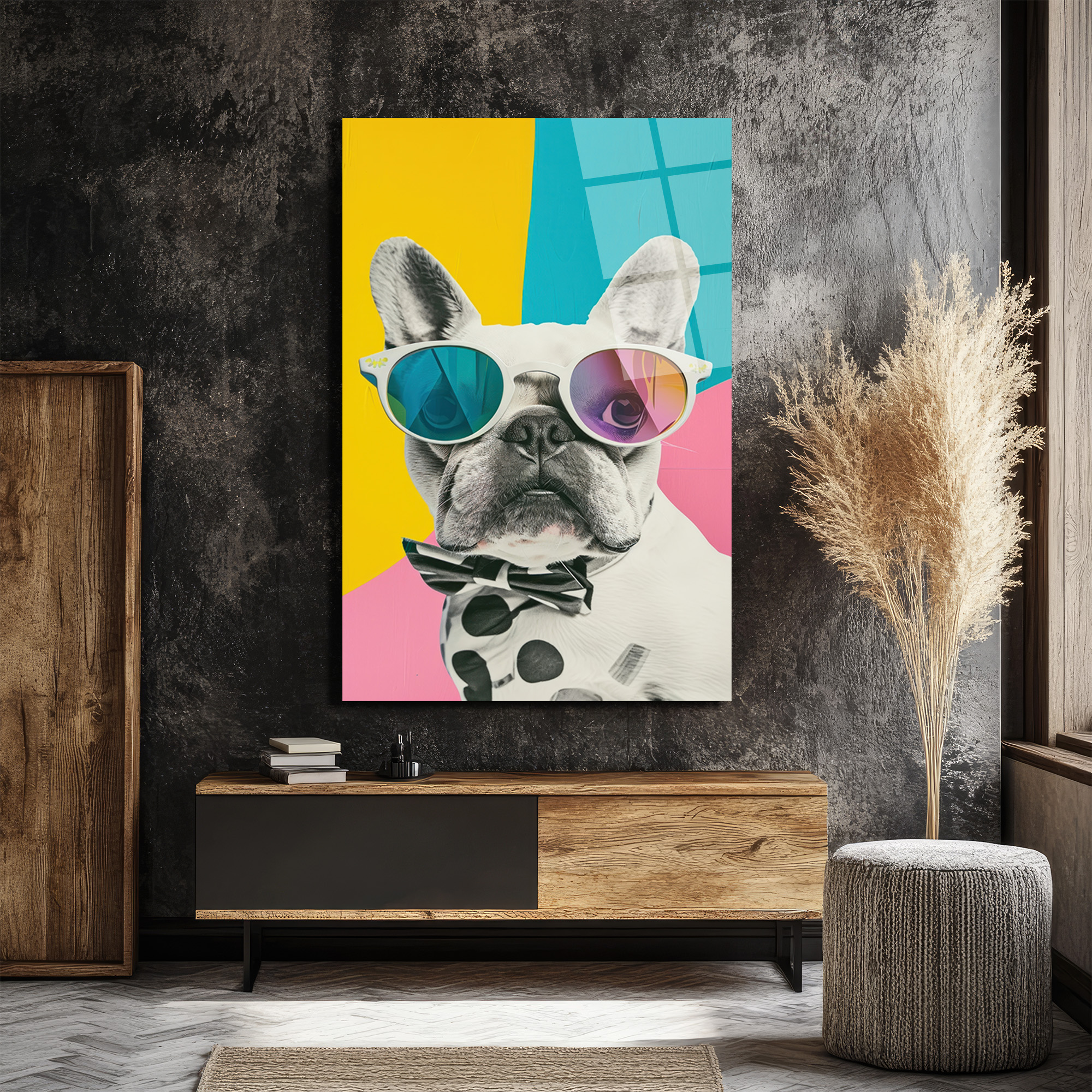 Havalı Fransız Bulldog Cam Tablo - Modern Sanat Duvar Dekoru - Glazella Havalı Fransız Bulldog Cam Tablo - Modern Sanat Duvar Dekoru - Glazella