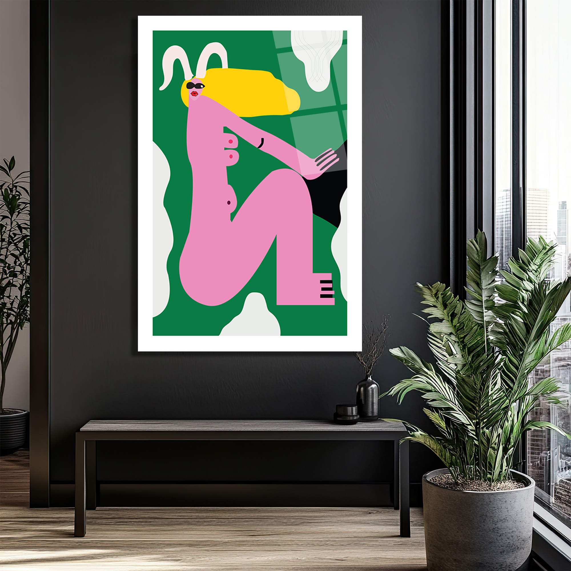 Cesur Pembe Figür ve Sarı Saçlar Modern Cam Tablo - Glazella Cesur Pembe Figür ve Sarı Saçlar Modern Cam Tablo - Glazella