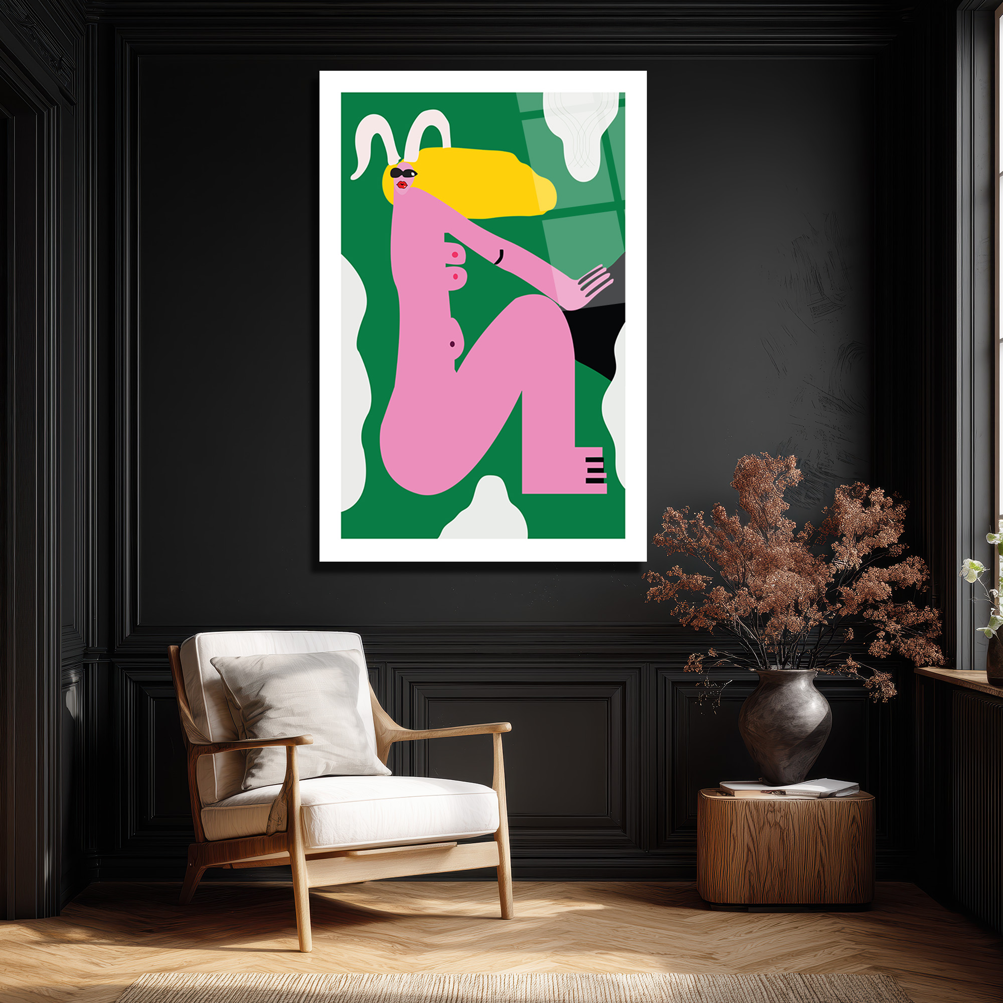 Cesur Pembe Figür ve Sarı Saçlar Modern Cam Tablo - Glazella Cesur Pembe Figür ve Sarı Saçlar Modern Cam Tablo - Glazella
