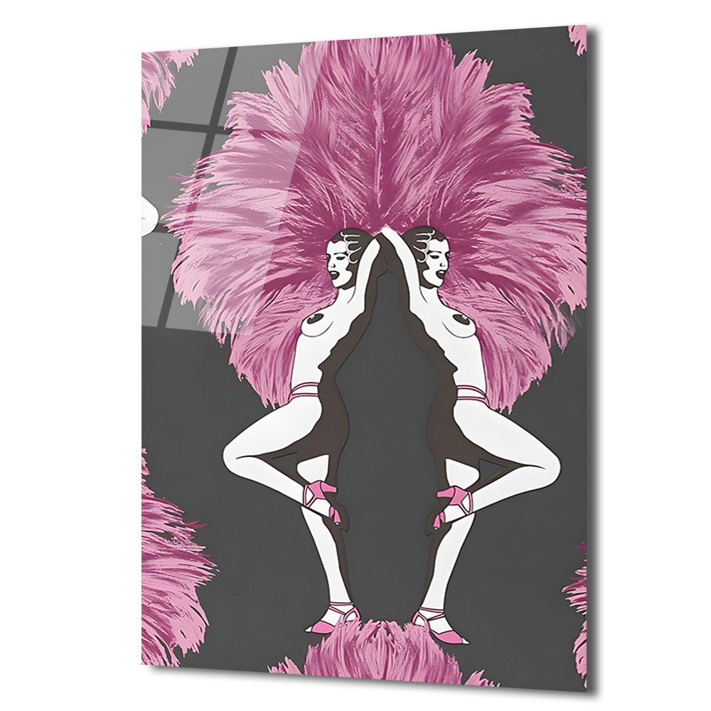 Art Deco Ruhu: Pembe Tüylü Dansçılar Cam Tablo - Glazella Art Deco Ruhu: Pembe Tüylü Dansçılar Cam Tablo - Glazella