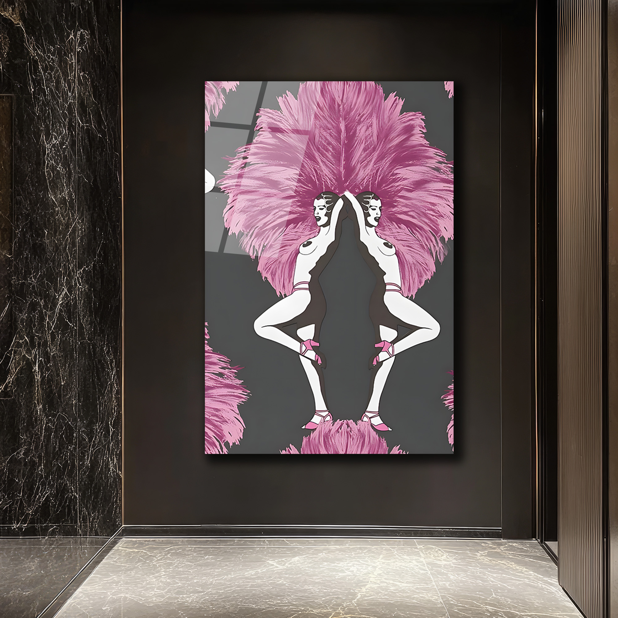 Art Deco Ruhu: Pembe Tüylü Dansçılar Cam Tablo - Glazella Art Deco Ruhu: Pembe Tüylü Dansçılar Cam Tablo - Glazella