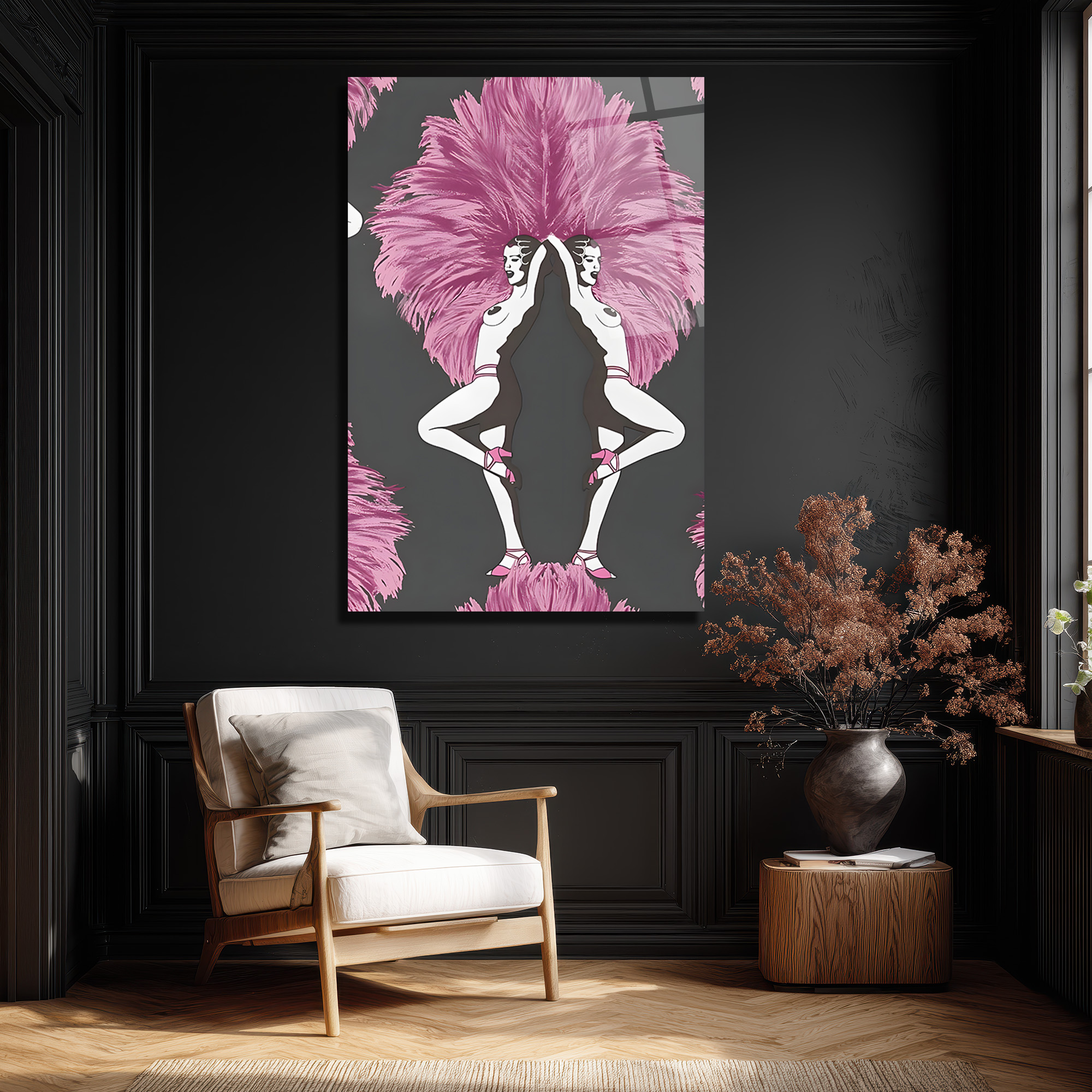 Art Deco Ruhu: Pembe Tüylü Dansçılar Cam Tablo - Glazella Art Deco Ruhu: Pembe Tüylü Dansçılar Cam Tablo - Glazella