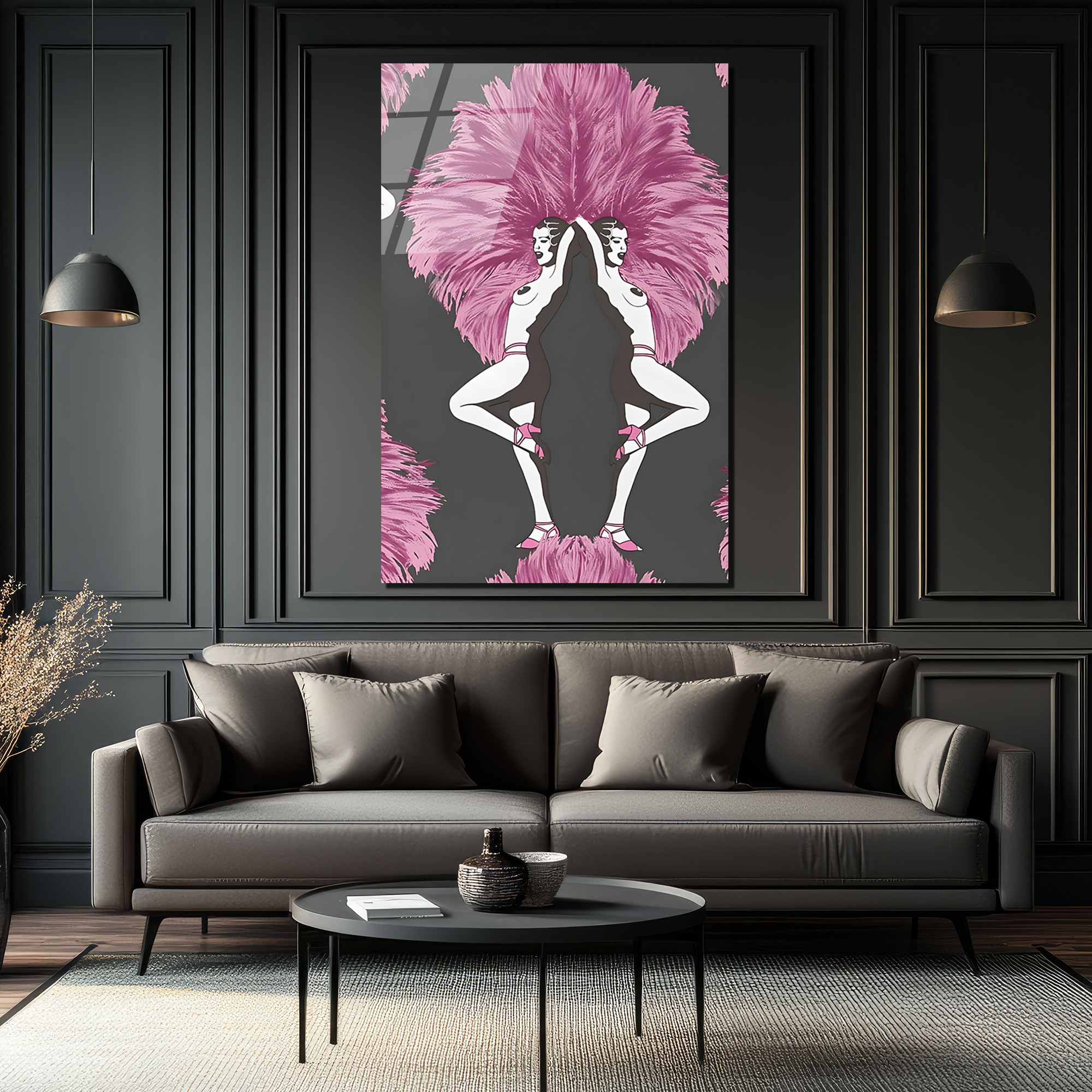 Art Deco Ruhu: Pembe Tüylü Dansçılar Cam Tablo - Glazella Art Deco Ruhu: Pembe Tüylü Dansçılar Cam Tablo - Glazella