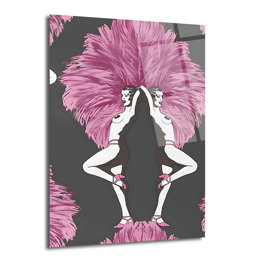 Art Deco Ruhu: Pembe Tüylü Dansçılar Cam Tablo - Glazella Art Deco Ruhu: Pembe Tüylü Dansçılar Cam Tablo - Glazella