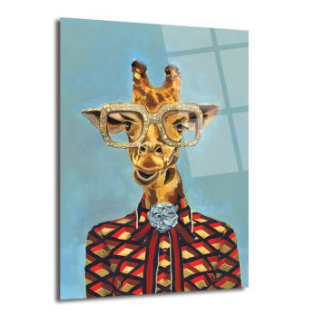 Şık Gözlüklü Zürafa Cam Tablo - Modern Sanat Duvar Dekoru - Glazella