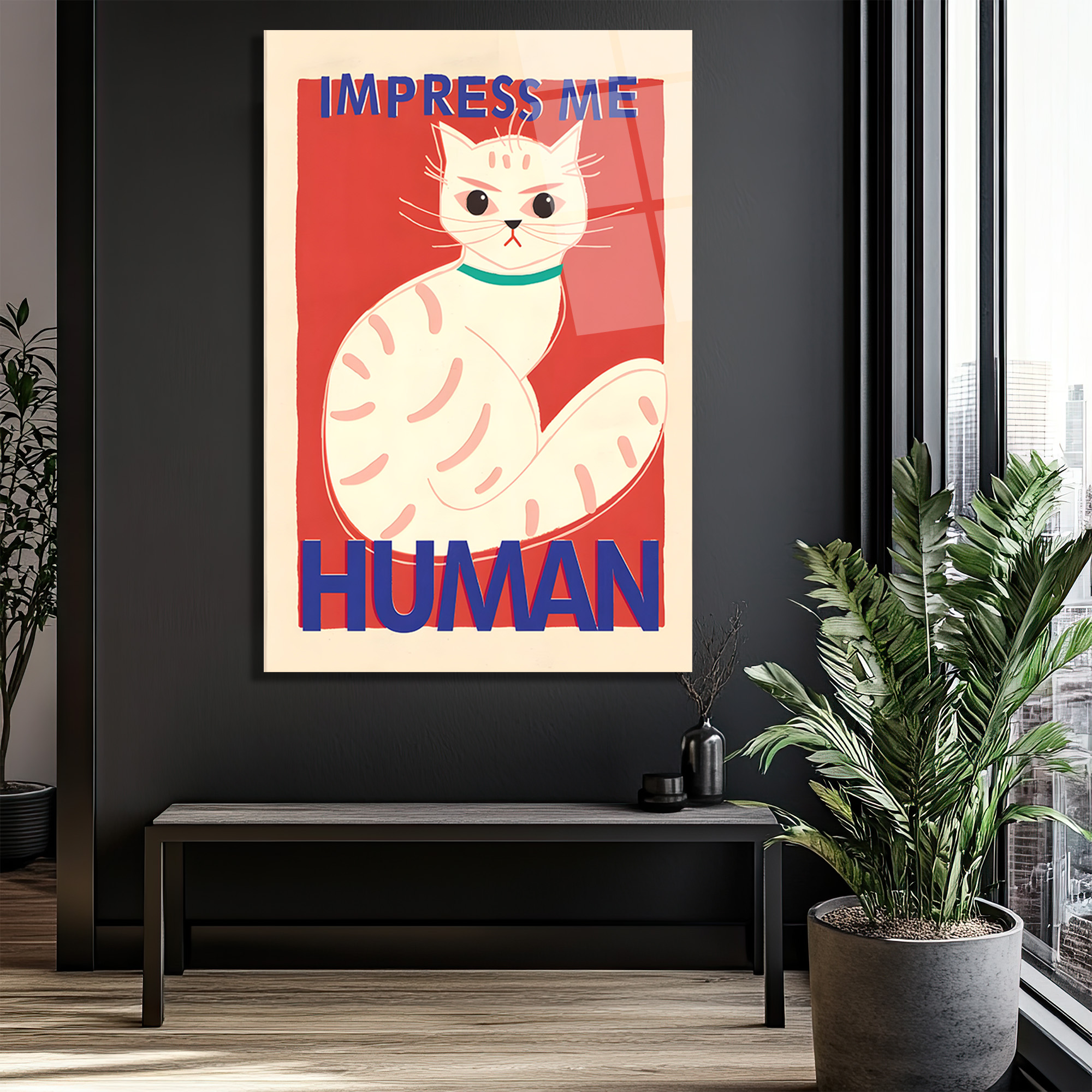 İmza Atan Kedi: 'Impress Me Human' Mizahi Cam Tablo - Glazella İmza Atan Kedi: 'Impress Me Human' Mizahi Cam Tablo - Glazella