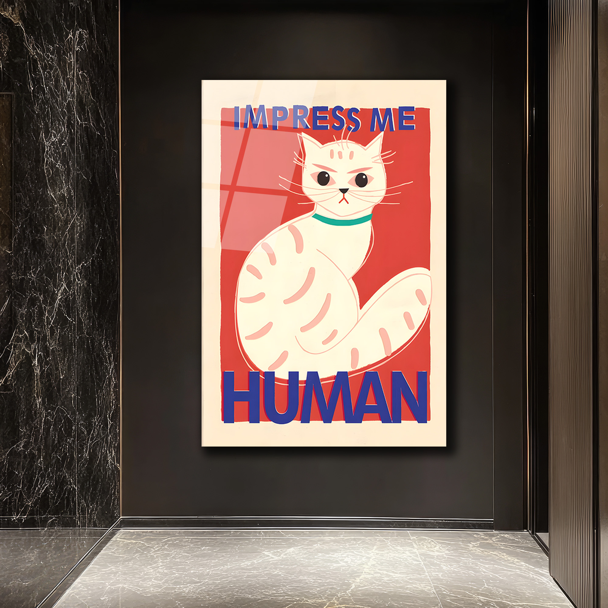 İmza Atan Kedi: 'Impress Me Human' Mizahi Cam Tablo - Glazella İmza Atan Kedi: 'Impress Me Human' Mizahi Cam Tablo - Glazella