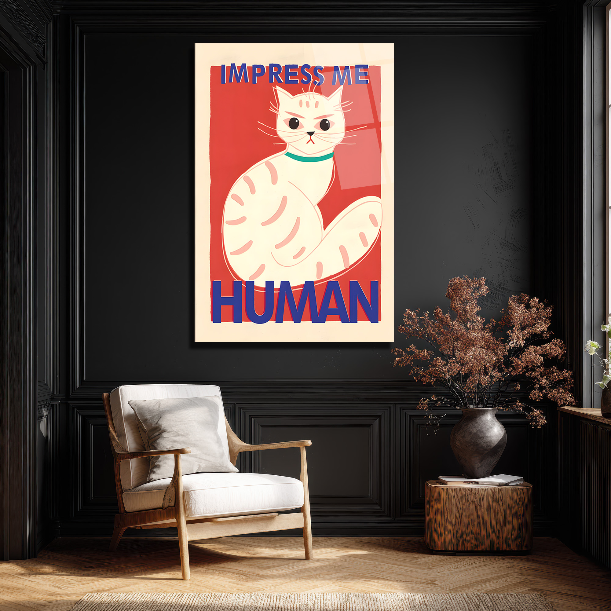İmza Atan Kedi: 'Impress Me Human' Mizahi Cam Tablo - Glazella İmza Atan Kedi: 'Impress Me Human' Mizahi Cam Tablo - Glazella