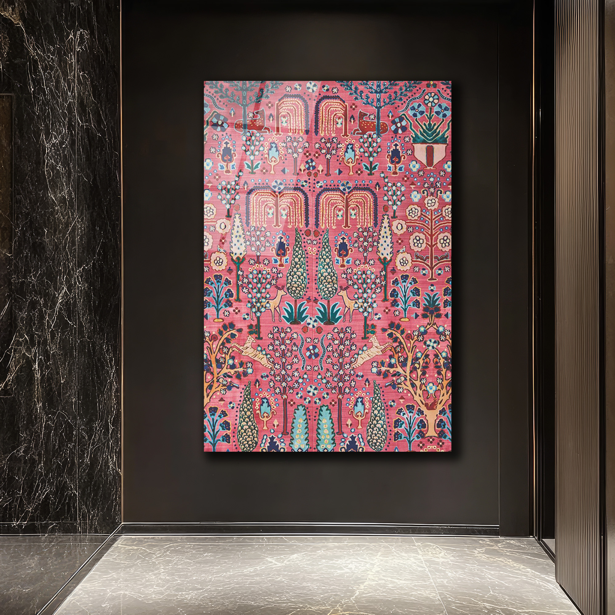 Büyüleyici Fars Bahçesi Desenli Pembe Cam Tablo - Glazella Büyüleyici Fars Bahçesi Desenli Pembe Cam Tablo - Glazella