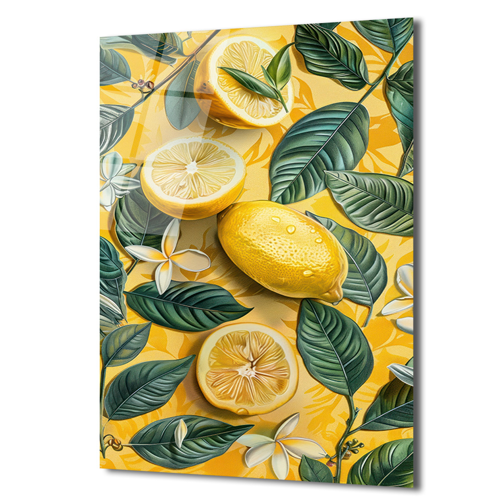 Canlı Sarı Limonlar ve Tropik Yapraklar Cam Tablo - Glazella - Glazella Canlı Sarı Limonlar ve Tropik Yapraklar Cam Tablo - Glazella