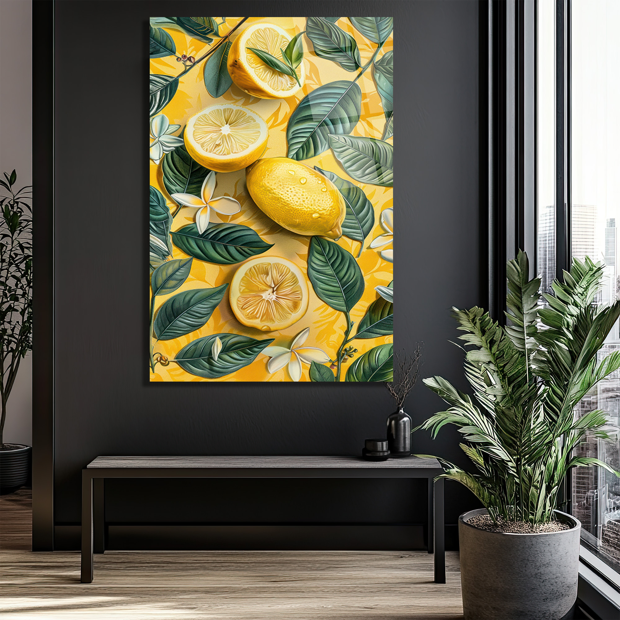 Canlı Sarı Limonlar ve Tropik Yapraklar Cam Tablo - Glazella - Glazella Canlı Sarı Limonlar ve Tropik Yapraklar Cam Tablo - Glazella
