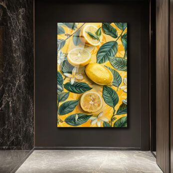 Canlı Sarı Limonlar ve Tropik Yapraklar Cam Tablo - Glazella - Glazella Canlı Sarı Limonlar ve Tropik Yapraklar Cam Tablo - Glazella