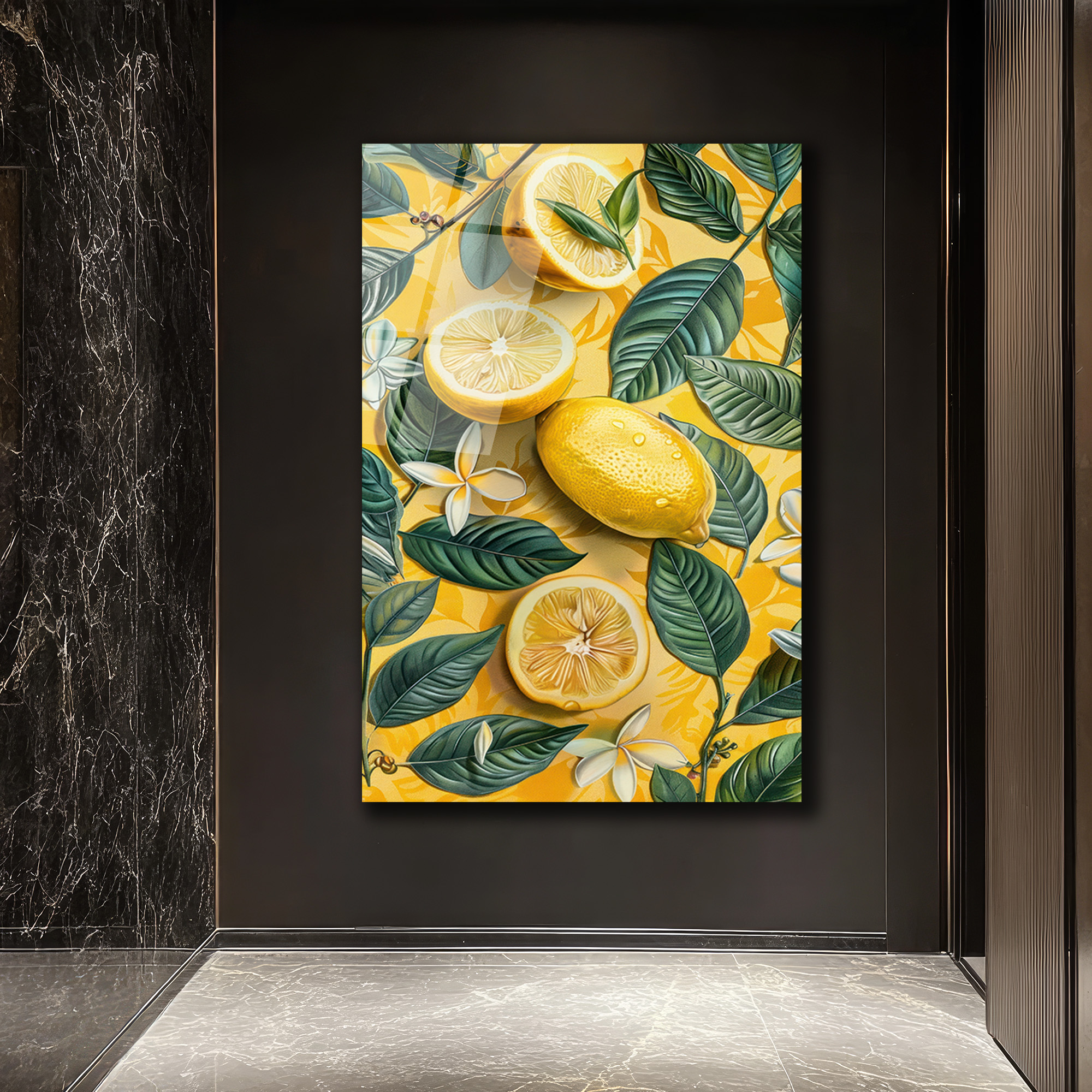 Canlı Sarı Limonlar ve Tropik Yapraklar Cam Tablo - Glazella - Glazella Canlı Sarı Limonlar ve Tropik Yapraklar Cam Tablo - Glazella