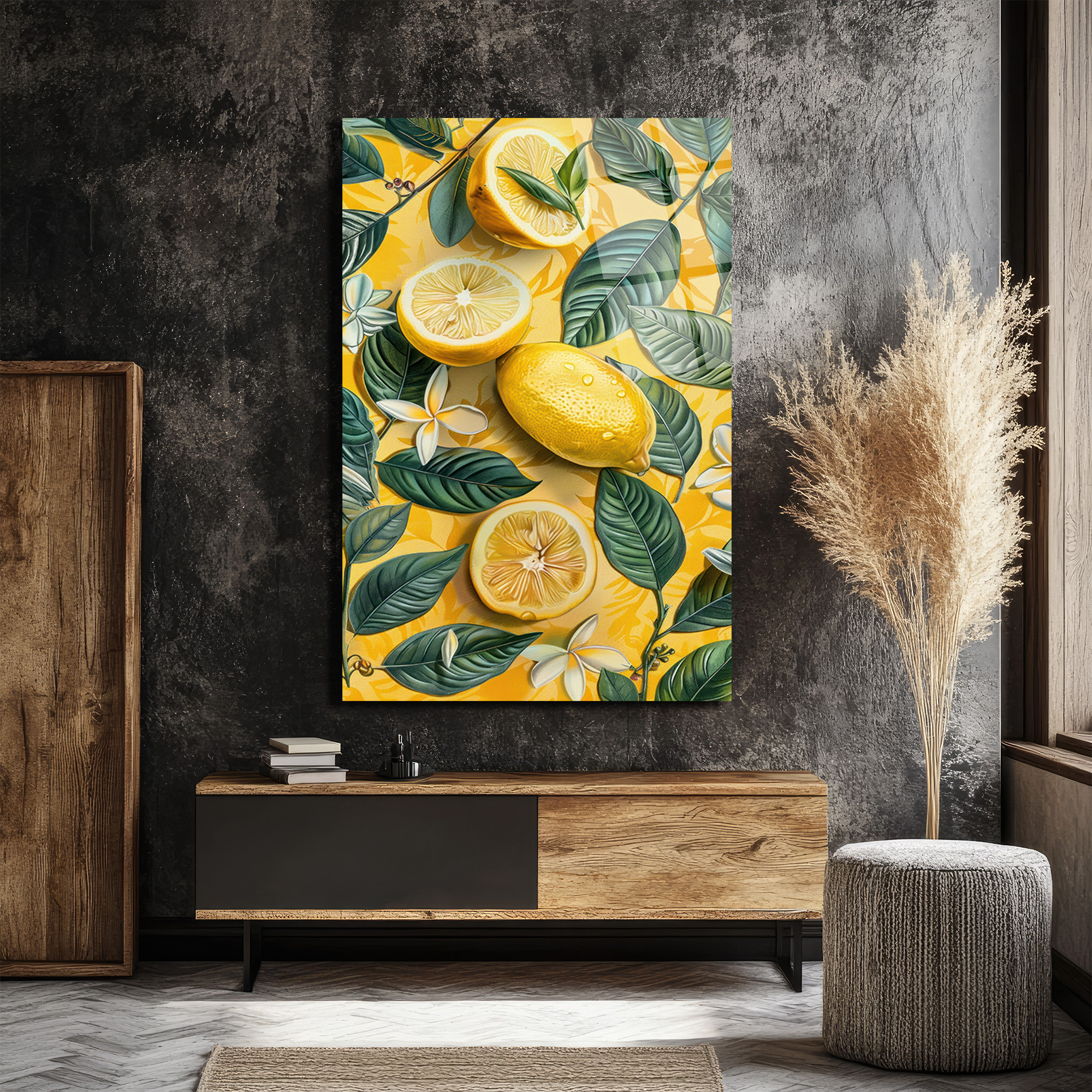 Canlı Sarı Limonlar ve Tropik Yapraklar Cam Tablo - Glazella - Glazella Canlı Sarı Limonlar ve Tropik Yapraklar Cam Tablo - Glazella