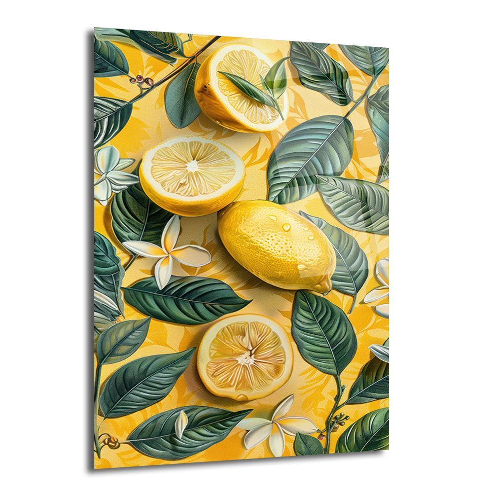 Canlı Sarı Limonlar ve Tropik Yapraklar Cam Tablo - Glazella - Glazella Canlı Sarı Limonlar ve Tropik Yapraklar Cam Tablo - Glazella