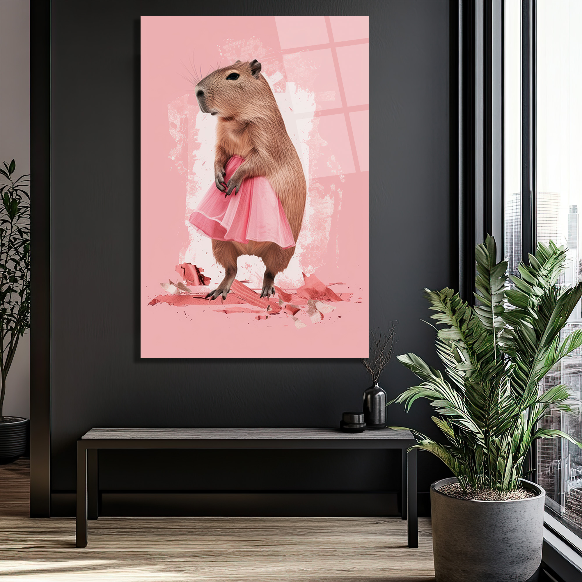 Pembe Tütülü Kapibara Cam Tablo - Neşeli Duvar Sanatı - Glazella Pembe Tütülü Kapibara Cam Tablo - Neşeli Duvar Sanatı - Glazella