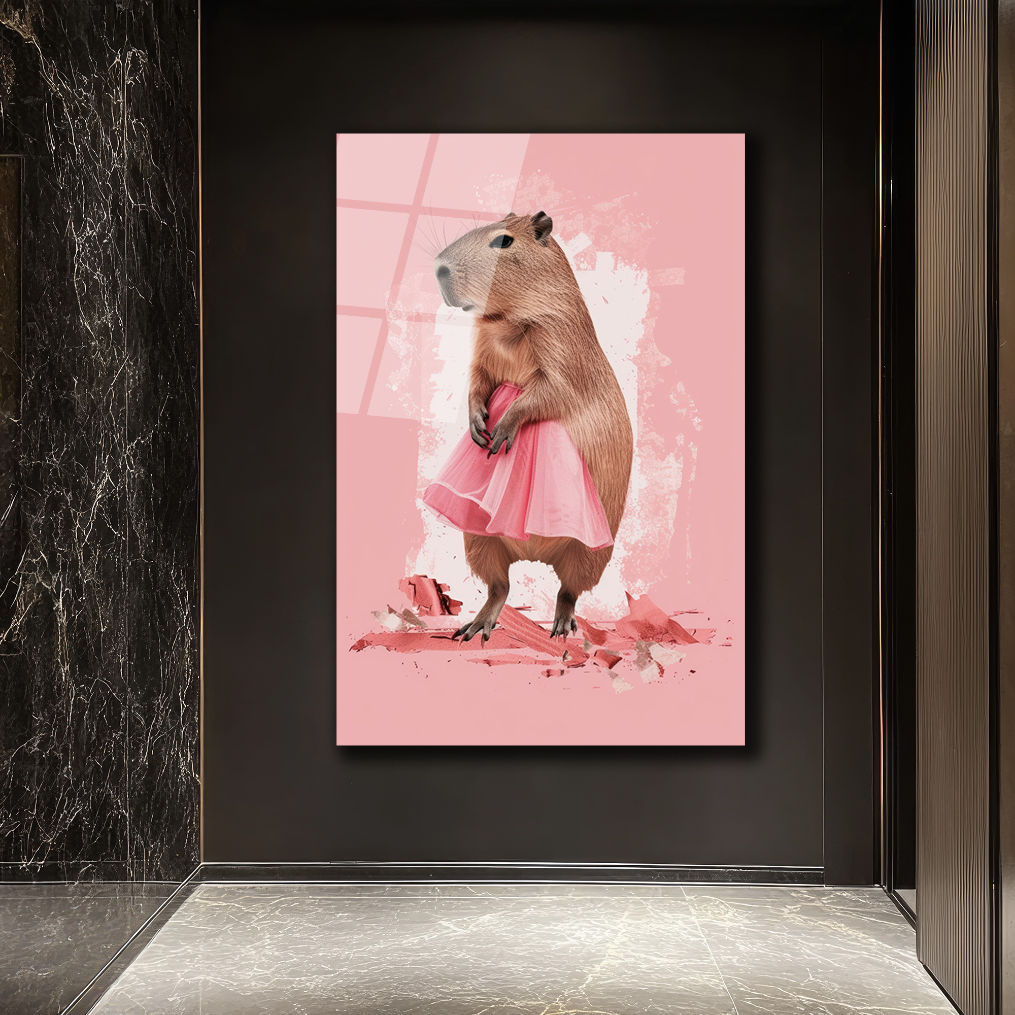 Pembe Tütülü Kapibara Cam Tablo - Neşeli Duvar Sanatı - Glazella Pembe Tütülü Kapibara Cam Tablo - Neşeli Duvar Sanatı - Glazella