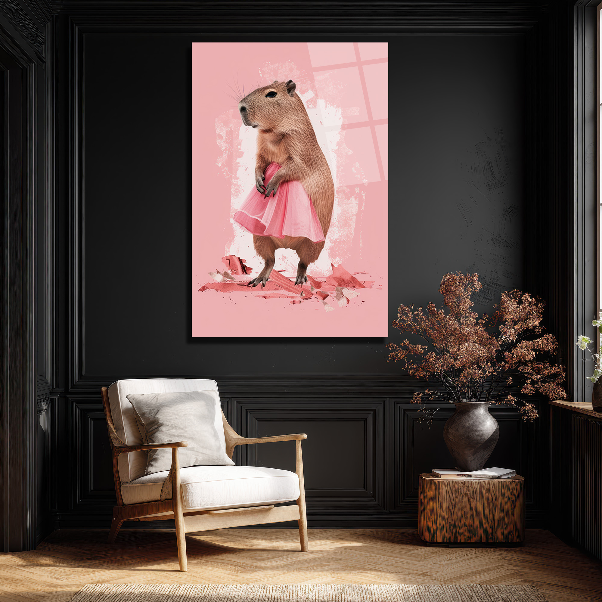 Pembe Tütülü Kapibara Cam Tablo - Neşeli Duvar Sanatı - Glazella Pembe Tütülü Kapibara Cam Tablo - Neşeli Duvar Sanatı - Glazella