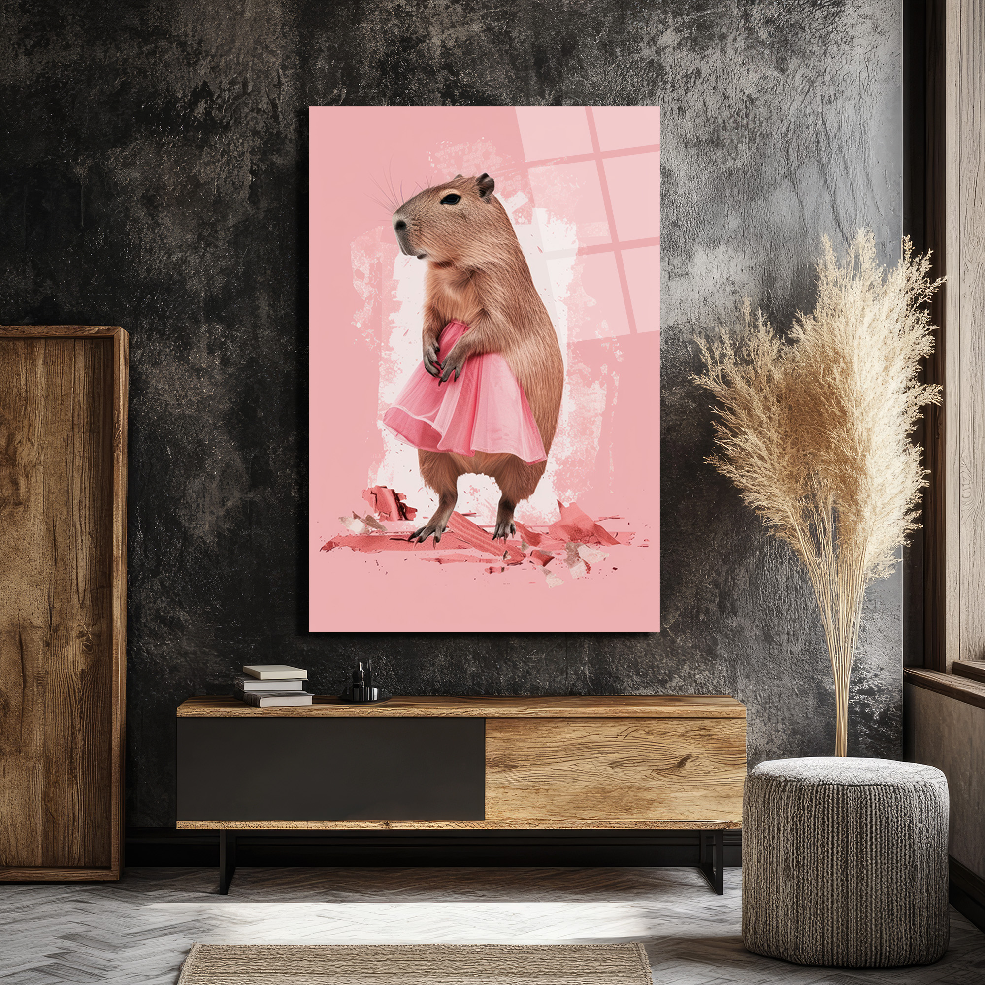 Pembe Tütülü Kapibara Cam Tablo - Neşeli Duvar Sanatı - Glazella Pembe Tütülü Kapibara Cam Tablo - Neşeli Duvar Sanatı - Glazella