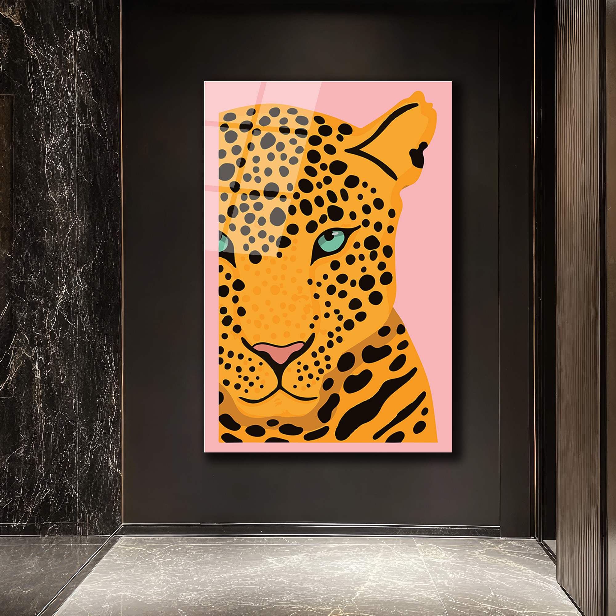 Cesur Bakış: Pembe Arka Plan Leopard Desenli Modern Cam Tablo - Glazella Cesur Bakış: Pembe Arka Plan Leopard Desenli Modern Cam Tablo - Glazella