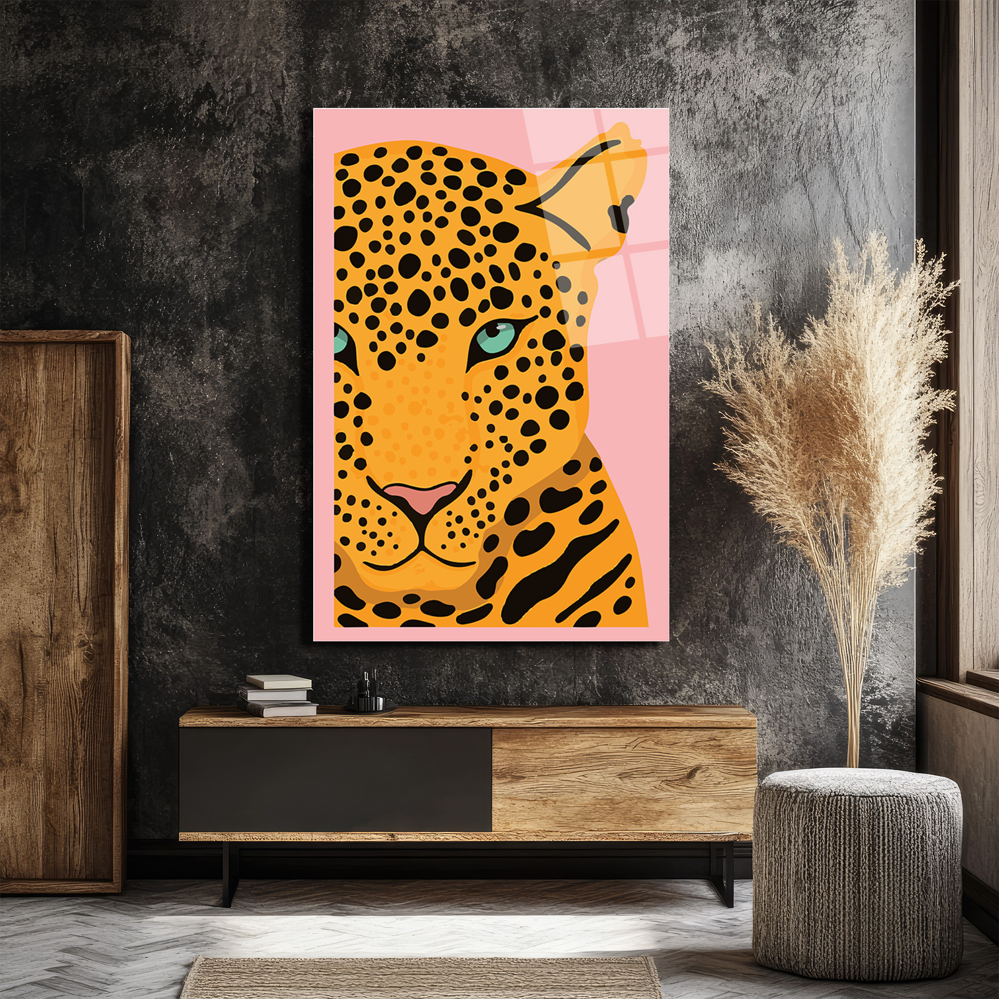 Cesur Bakış: Pembe Arka Plan Leopard Desenli Modern Cam Tablo - Glazella Cesur Bakış: Pembe Arka Plan Leopard Desenli Modern Cam Tablo - Glazella