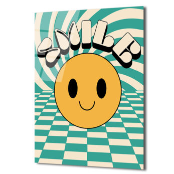 Retro Smiley Yüz ve Optik İllüzyonlu Smile Cam Tablo - Glazella