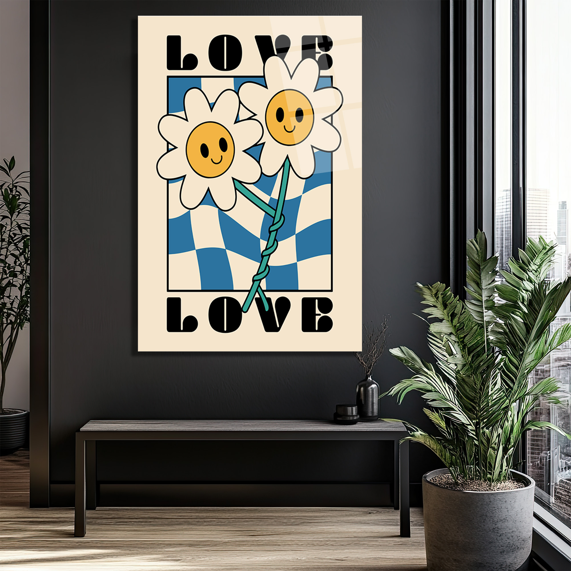 Retro Papatya Çiçekli Love Temalı Cam Tablo - Glazella Retro Papatya Çiçekli Love Temalı Cam Tablo - Glazella