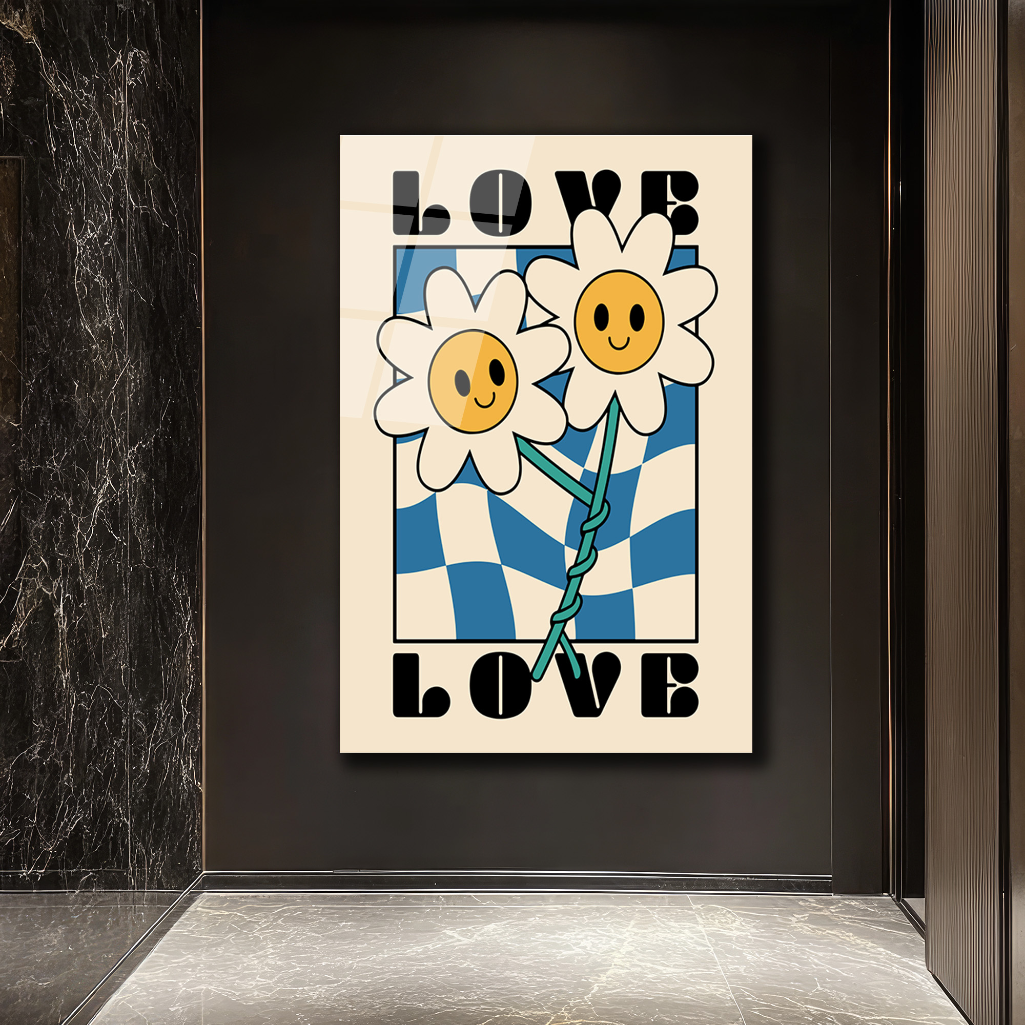 Retro Papatya Çiçekli Love Temalı Cam Tablo - Glazella Retro Papatya Çiçekli Love Temalı Cam Tablo - Glazella
