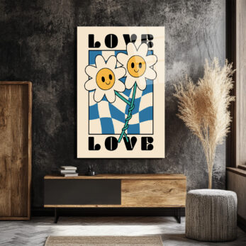 Retro Papatya Çiçekli Love Temalı Cam Tablo - Glazella Retro Papatya Çiçekli Love Temalı Cam Tablo - Glazella