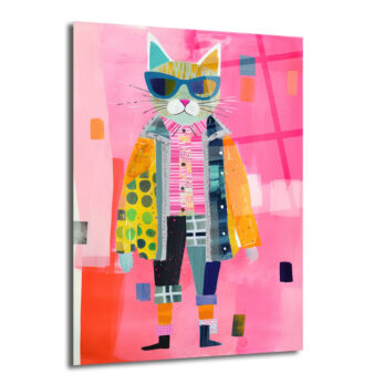 Güneş Gözlüklü Patchwork Kedi Cam Tablo - Modern Sanat Duvar Dekoru - Glazella