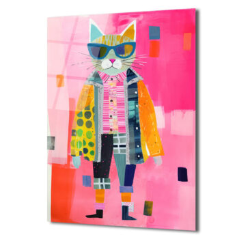 Güneş Gözlüklü Patchwork Kedi Cam Tablo - Modern Sanat Duvar Dekoru - Glazella