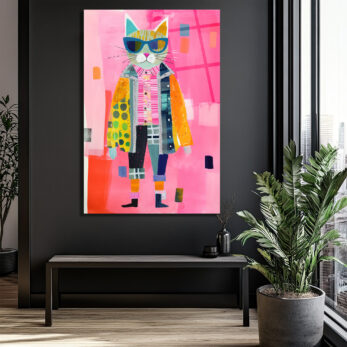 Güneş Gözlüklü Patchwork Kedi Cam Tablo - Modern Sanat Duvar Dekoru - Glazella