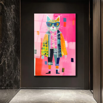 Güneş Gözlüklü Patchwork Kedi Cam Tablo - Modern Sanat Duvar Dekoru - Glazella