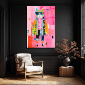 Güneş Gözlüklü Patchwork Kedi Cam Tablo - Modern Sanat Duvar Dekoru - Glazella